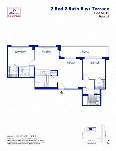 Floor plan for 2 beds, 2 baths, 1054 sqft