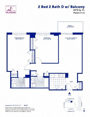 Floor plan for 2 beds, 2 baths, 1078 sqft