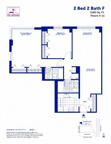 Floor plan for 2 beds, 2 baths, 1160 sqft