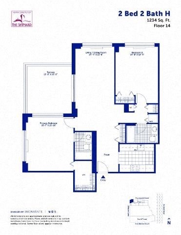 Floor plan for 2 beds, 2 baths, 1234 sqft