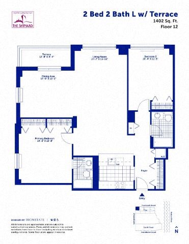 Floor plan for 2 beds, 2 baths, 1402 sqft
