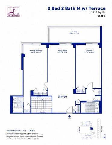 Floor plan for 2 beds, 2 baths, 1415 sqft