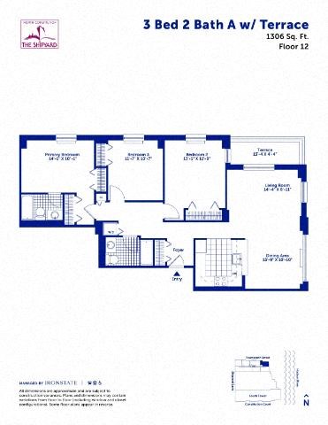 Floor plan for 3 beds, 2 baths, 1306 sqft