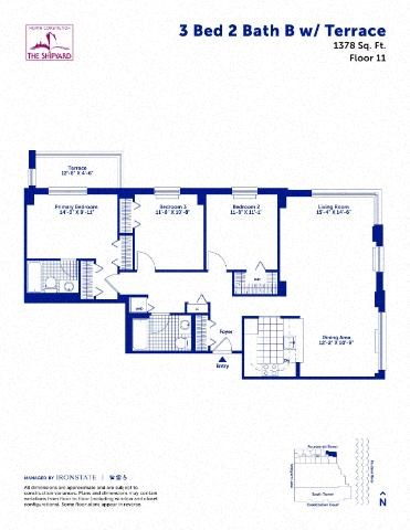 Floor plan for 3 beds, 2 baths, 1378 sqft