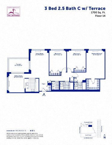 Floor plan for 3 beds, 2.5 baths, 1700 sqft