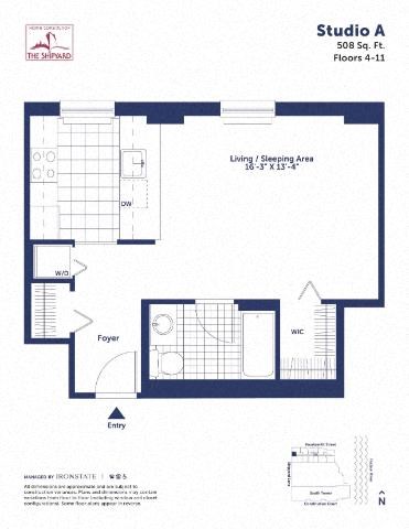 Floor plan for studio, 1 bath, 508 sqft