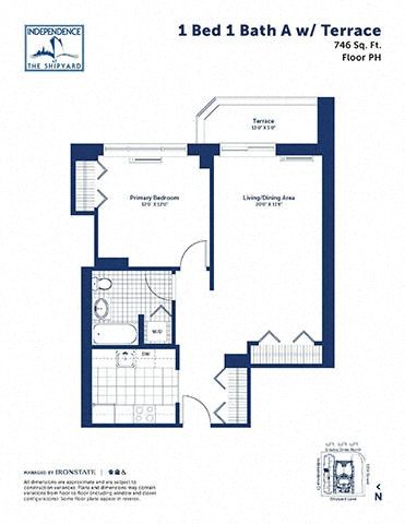 Floor plan for 1 bed, 1 bath, 746 sqft