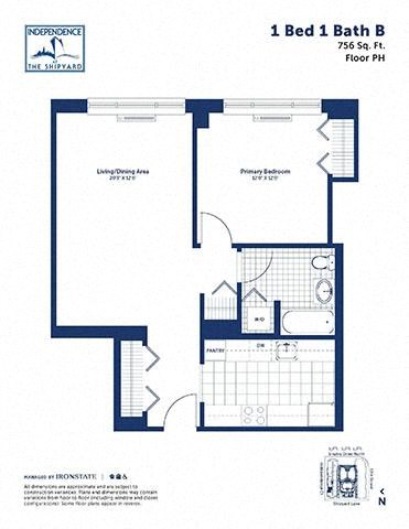 Floor plan for 1 bed, 1 bath, 756 sqft
