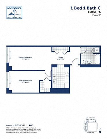 Floor plan for 1 bed, 1 bath, 808 sqft