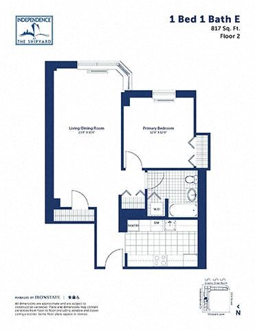 Floor plan for 1 bed, 1 bath, 817 sqft