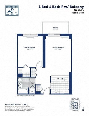 Floor plan for 1 bed, 1 bath, 819 sqft