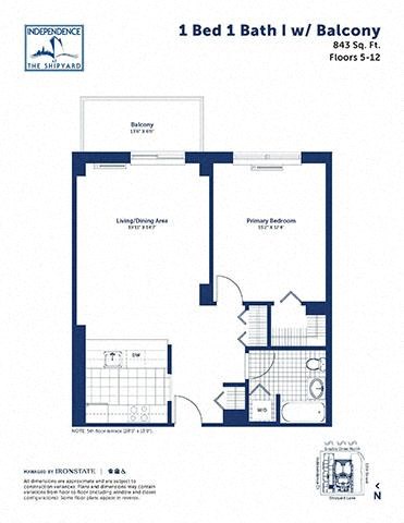 Floor plan for 1 bed, 1 bath, 843 sqft
