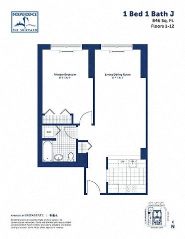 Floor plan for 1 bed, 1 bath, 846 sqft