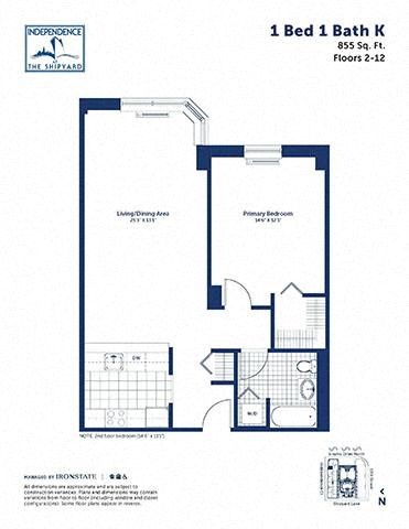 Floor plan for 1 bed, 1 bath, 855 sqft
