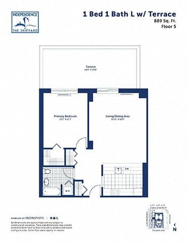 Floor plan for 1 bed, 1 bath, 889 sqft