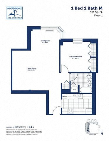 Floor plan for 1 bed, 1 bath, 951 sqft