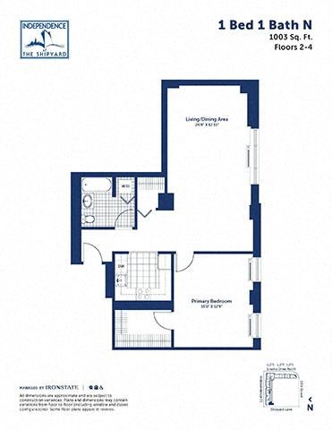 Floor plan for 1 bed, 1 bath, 1003 sqft