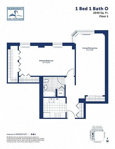 Floor plan for 1 bed, 1 bath, 1040 sqft