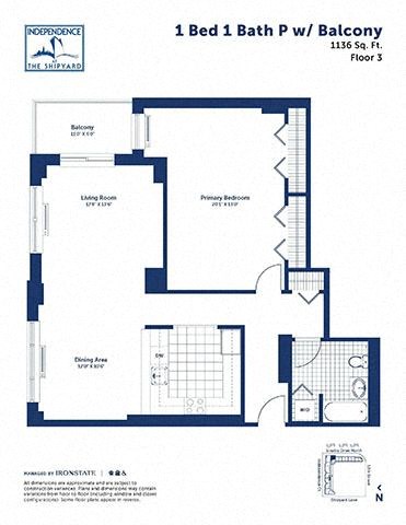 Floor plan for 1 bed, 1 bath, 1136 sqft