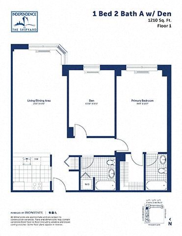 Floor plan for 1 bed, 2 baths, 1210 sqft