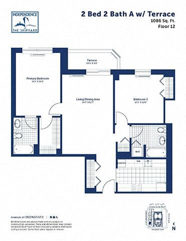 Floor plan for 2 beds, 2 baths, 1086 sqft