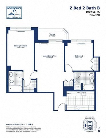Floor plan for 2 beds, 2 baths, 1089 sqft