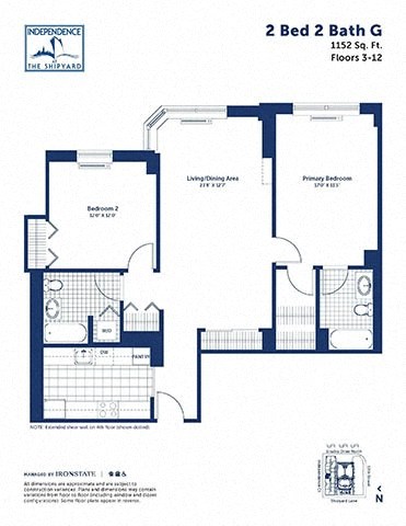 Floor plan for 2 beds, 2 baths, 1152 sqft
