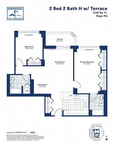 Floor plan for 2 beds, 2 baths, 1159 sqft