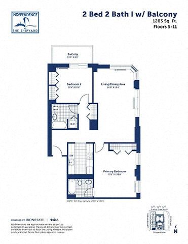 Floor plan for 2 beds, 2 baths, 1203 sqft