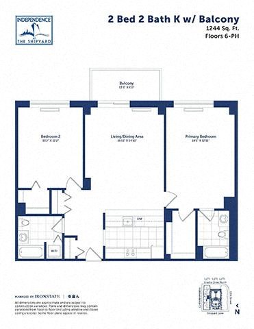 Floor plan for 2 beds, 2 baths, 1244 sqft