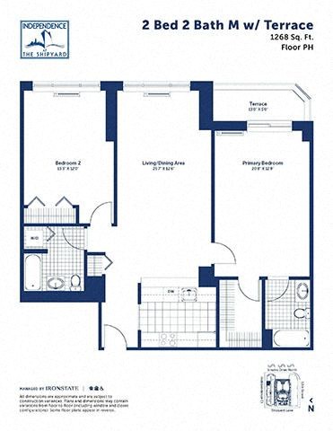 Floor plan for 2 beds, 2 baths, 1268 sqft