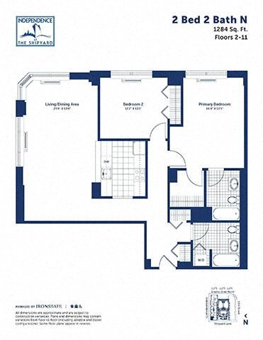 Floor plan for 2 beds, 2 baths, 1284 sqft
