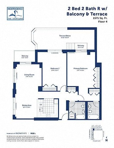Floor plan for 2 beds, 2 baths, 1571 sqft