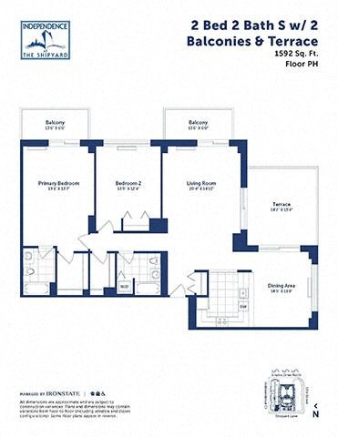 Floor plan for 2 beds, 2 baths, 1592 sqft