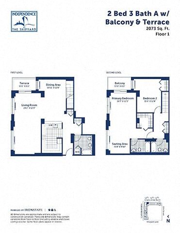 Floor plan for 2 beds, 3 baths, 2073 sqft