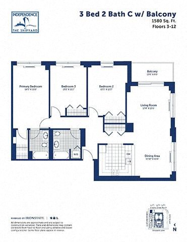 Floor plan for 3 beds, 2 baths, 1580 sqft