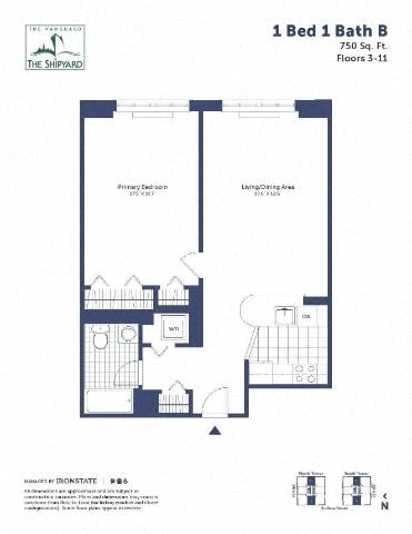 Floor plan for 1 bed, 1 bath, 750 sqft