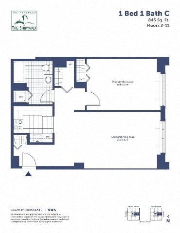 Floor plan for 1 bed, 1 bath, 843 sqft