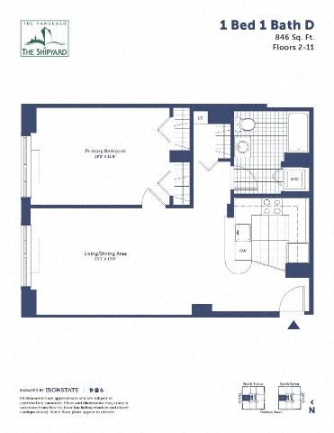 Floor plan for 1 bed, 1 bath, 846 sqft