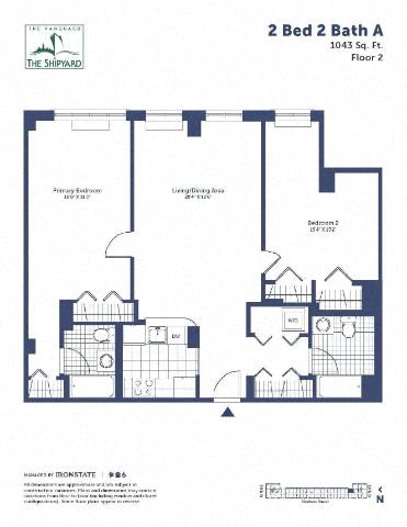 Floor plan for 2 beds, 2 baths, 1043 sqft