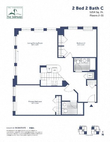 Floor plan for 2 beds, 2 baths, 1214 sqft
