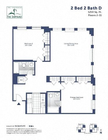Floor plan for 2 beds, 2 baths, 1214 sqft