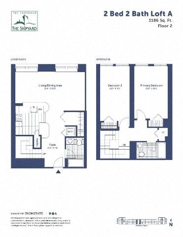 Floor plan for 2 beds, 2 baths, 1186 sqft