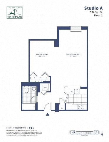 Floor plan for studio, 1 bath, 532 sqft