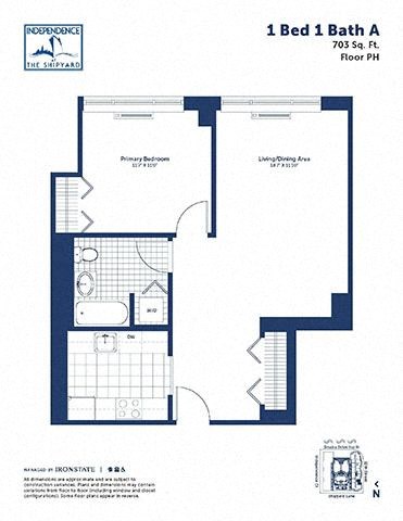 Floor plan for 1 bed, 1 bath, 703 sqft