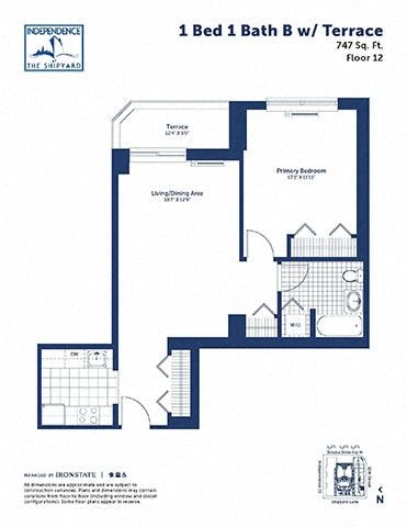 Floor plan for 1 bed, 1 bath, 747 sqft