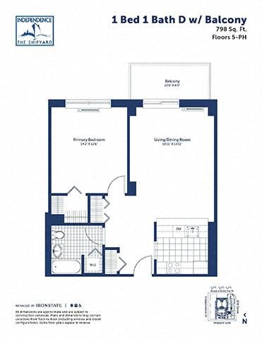 Floor plan for 1 bed, 1 bath, 798 sqft