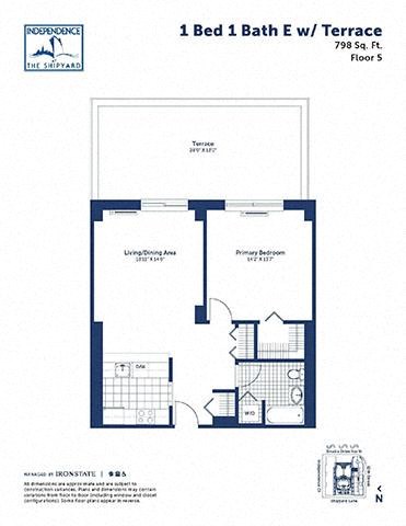 Floor plan for 1 bed, 1 bath, 798 sqft