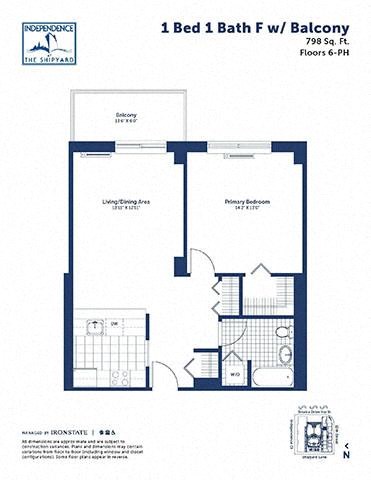 Floor plan for 1 bed, 1 bath, 798 sqft