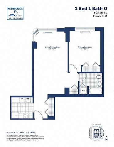 Floor plan for 1 bed, 1 bath, 805 sqft